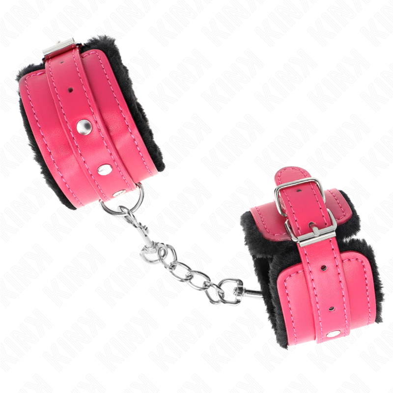 KINK - APPUI-POIGNETS DOUBLÉS DE FOURRURE PREMIUM NOIR AVEC CEINTURE ROSE FRAMBOISE AJUSTABLE 17-29 CM X 6 CM - Sensualia