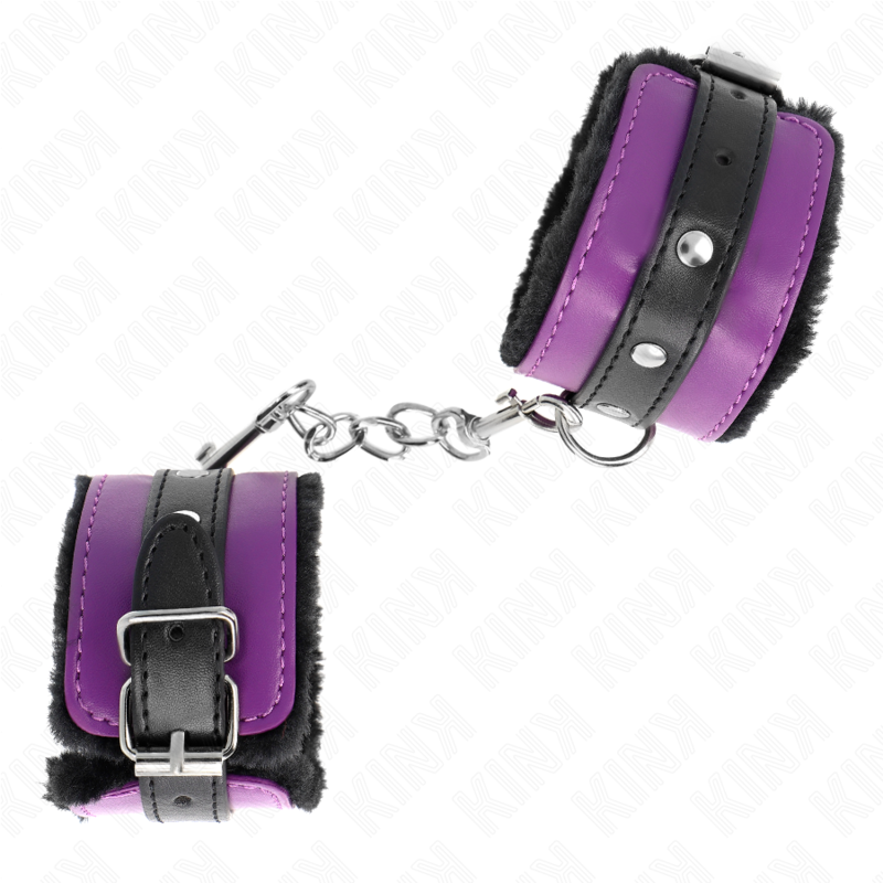 KINK - APPUI-POIGNETS DOUBLÉS DE FOURRURE PREMIUM NOIR AVEC CEINTURE VIOLET / NOIRE RÉGLABLE 17-29 CM X 6 CM - Sensualia