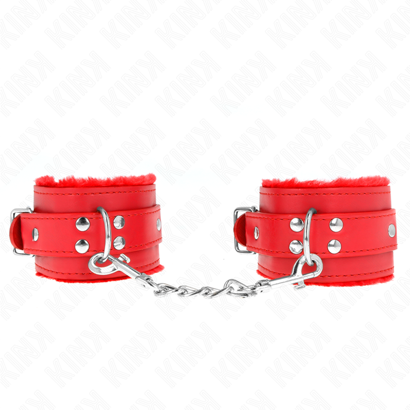 KINK - APPUI-POIGNETS DOUBLÉS DE FOURRURE ROUGE AVEC CEINTURE ROUGE RÉGLABLE 17-29 CM X 6 CM - Sensualia