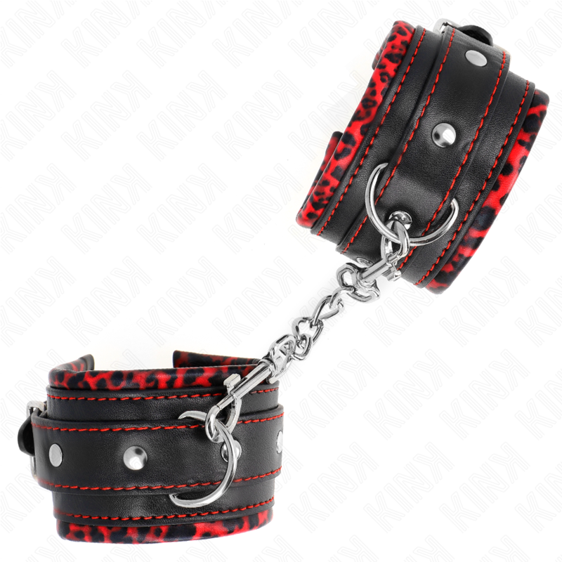 KINK - APPUI-POIGNETS DOUBLÉS DE FOURRURE ROUGE / NOIR RÉGLABLE 17-29 CM X 6 CM - Sensualia