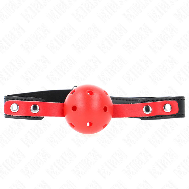 KINK - BALLE DURE CREUSE ROUGE 4 CM GAG BRACELET NOIR 60 x 2 CM AJUSTABLE 37-52 CM - Sensualia