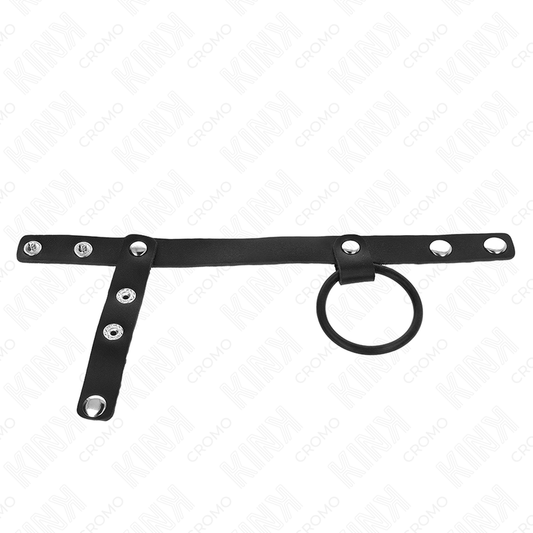 KINK - ANNEAU PÉNIS EN SILICONE 3,8 CM AVEC SÉPARATEUR DE BALLES ET SANGLE EN CUIR 22 X 1,5 CM - Sensualia