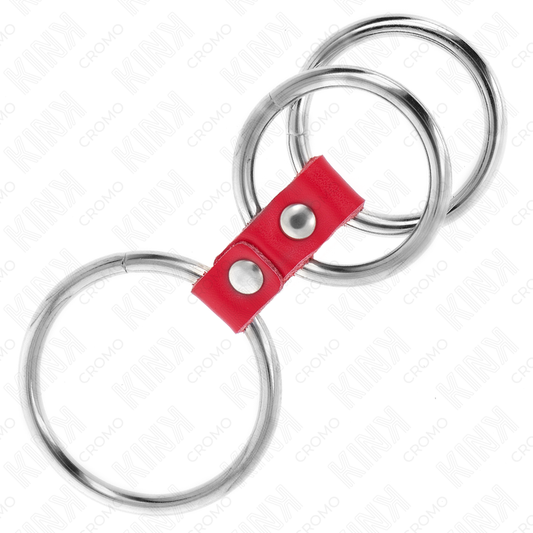 KINK - ANNEAU PÉNIS TRIPLE MÉTAL 3,7 CM À 5 CM CONNECTÉ AVEC DU CUIR ROUGE - Sensualia