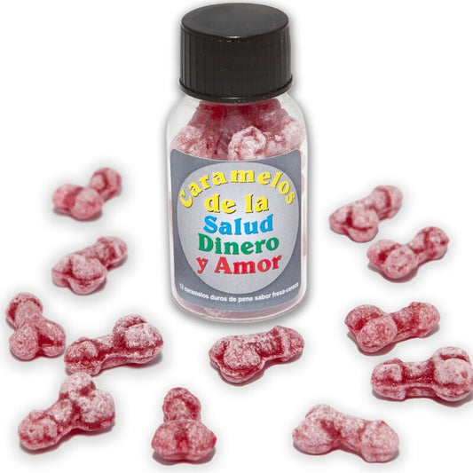 DIABLO PICANTE - 12 BONBONS SANTÉ-ARGENT-AMOUR FORME DE PÉNIS FRAISE/CERISE - Sensualia