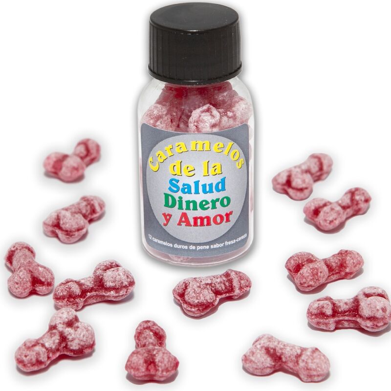 DIABLO PICANTE - 12 BONBONS SANTÉ-ARGENT-AMOUR FORME DE PÉNIS FRAISE/CERISE - Sensualia