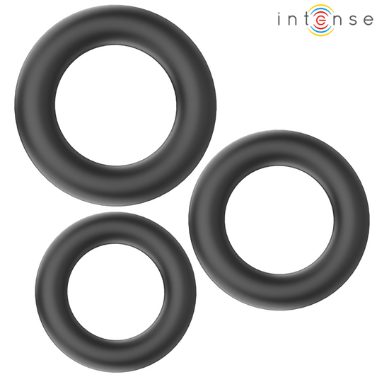 INTENSE - HUGH 3 ANNEAUX PÉNIS BASIQUES EN SILICONE NOIRS INTENSE COUPLES TOYS