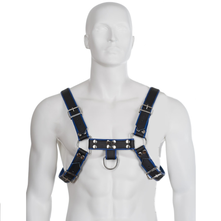 LEATHER BODY - HARNAIS BULLDOG CUIR NOIR / BLEU - Sensualia