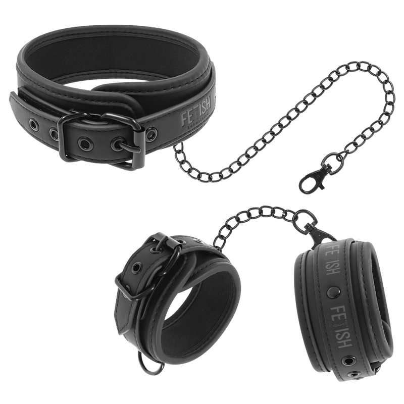 FETISH SUBMISSIVE - COLLIER ET MENOTTES EN CUIR VÉGAN AVEC DOUBLURE EN NOPRÈNE FETISH SUBMISSIVE BONDAGE