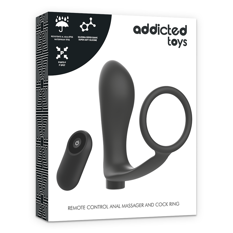 ADDICTED TOYS - ANNEAU PÉNIS AVEC TÉLÉCOMMANDE PLUG ANAL NOIR RECHARGEABLE - Sensualia
