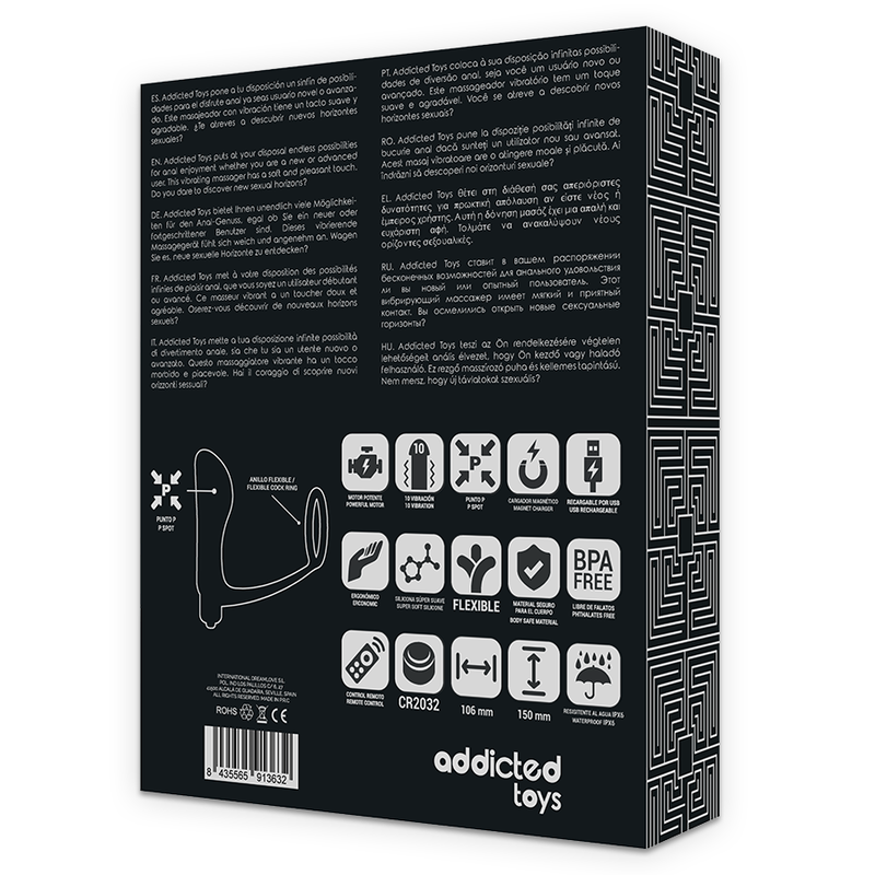 ADDICTED TOYS - ANNEAU PÉNIS AVEC TÉLÉCOMMANDE PLUG ANAL NOIR RECHARGEABLE - Sensualia