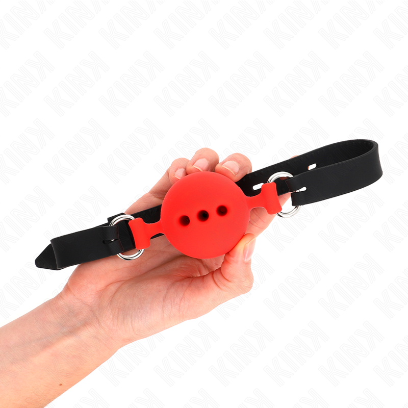 KINK - BÂILLON ENTIÈREMENT SILICONE 55 x 2 CM AVEC BOULE DE 5 CM TAILLE L ROUGE AJUSTABLE 35-51 CM - Sensualia