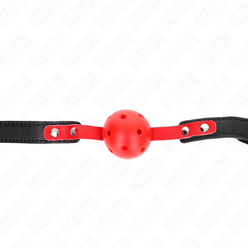 KINK - BALLE DURE CREUSE ROUGE 4 CM GAG BRACELET NOIR 60 x 2 CM AJUSTABLE 37-52 CM - Sensualia