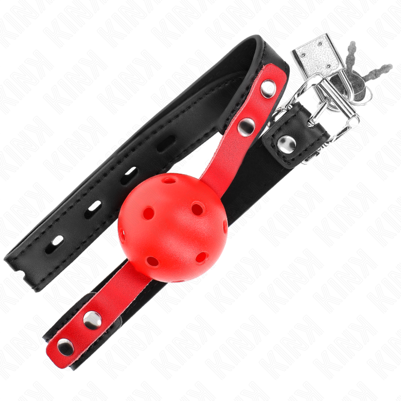 KINK - BALLE DURE CREUSE ROUGE 4 CM GAG BRACELET NOIR 60 x 2 CM AJUSTABLE 37-52 CM - Sensualia