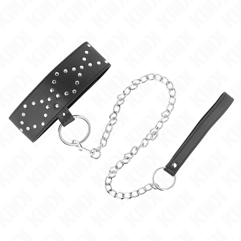KINK - COLLIER 65 CM AVEC LAISSE AVEC CLOUS ARGENTÉS MODÈLE 3 RÉGLABLE 36-43 CM X 5 CM - Sensualia