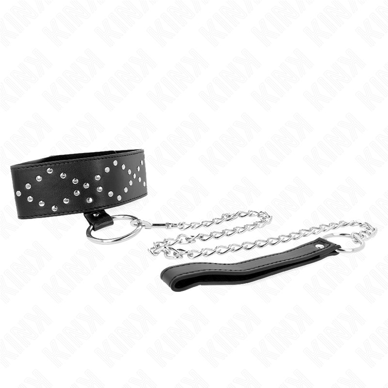 KINK - COLLIER 65 CM AVEC LAISSE AVEC CLOUS ARGENTÉS MODÈLE 3 RÉGLABLE 36-43 CM X 5 CM - Sensualia