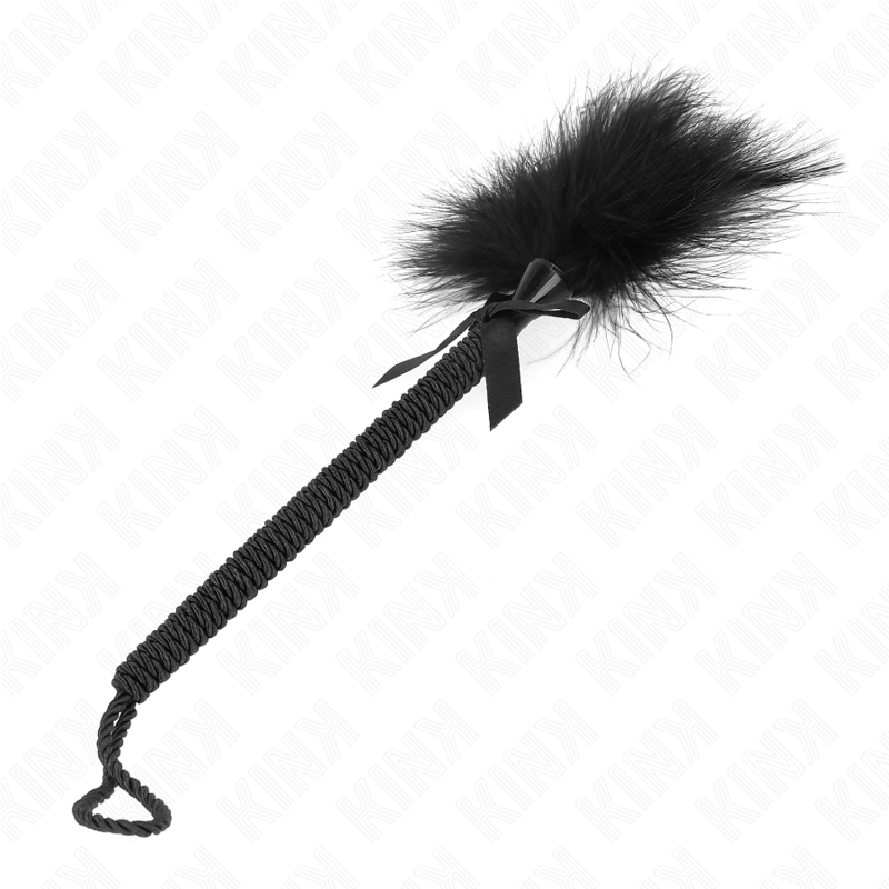 KINK - Baguette en corde de nylon avec plumes chatouillantes et noeud noir 25 cm - Sensualia