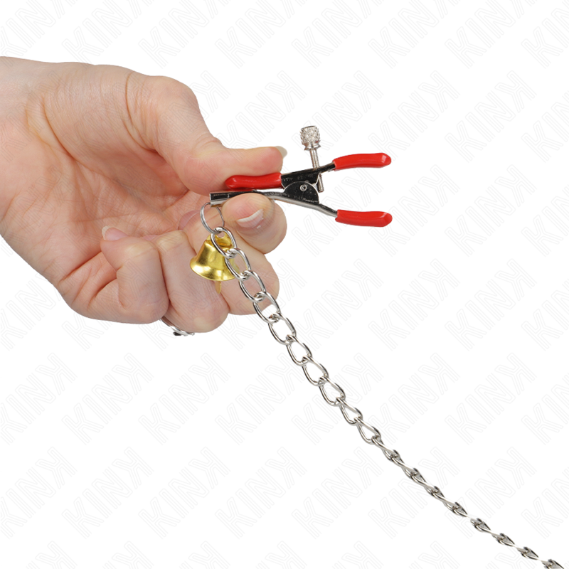 KINK - PINCES À TAMELON ET CLITO BELL TRIPLE ROUGE AVEC CHAINE 30 CM - Sensualia