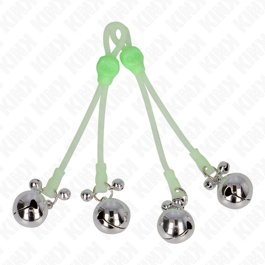 KINK - PINCES À TETON LUMINEUSES CRÂNE AVEC ANNEAU CLOCHES RÉGLABLES VERT / ARGENT - Sensualia