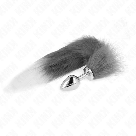 KINK - PLUG ANAL TAILLE M 8 X 3,5 CM AVEC QUEUE SYNTHÉTIQUE 40 CM GRIS ET BLANC - Sensualia