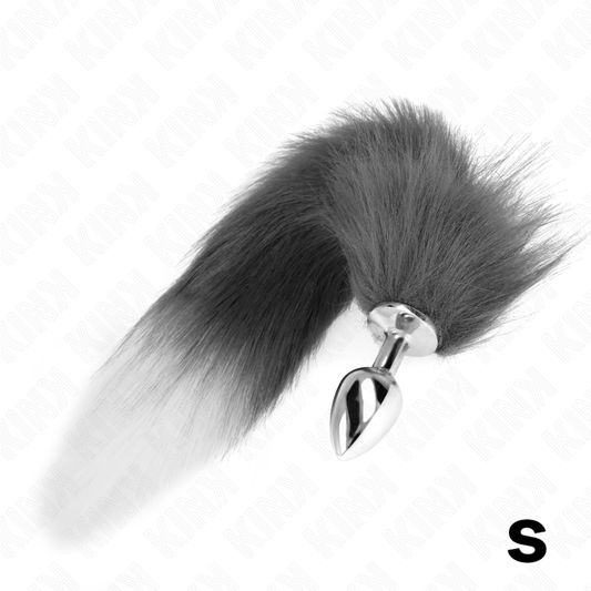 KINK - PLUG ANAL TAILLE S 7 X 3 CM AVEC QUEUE SYNTHÉTIQUE 40 CM GRIS ET BLANC - Sensualia