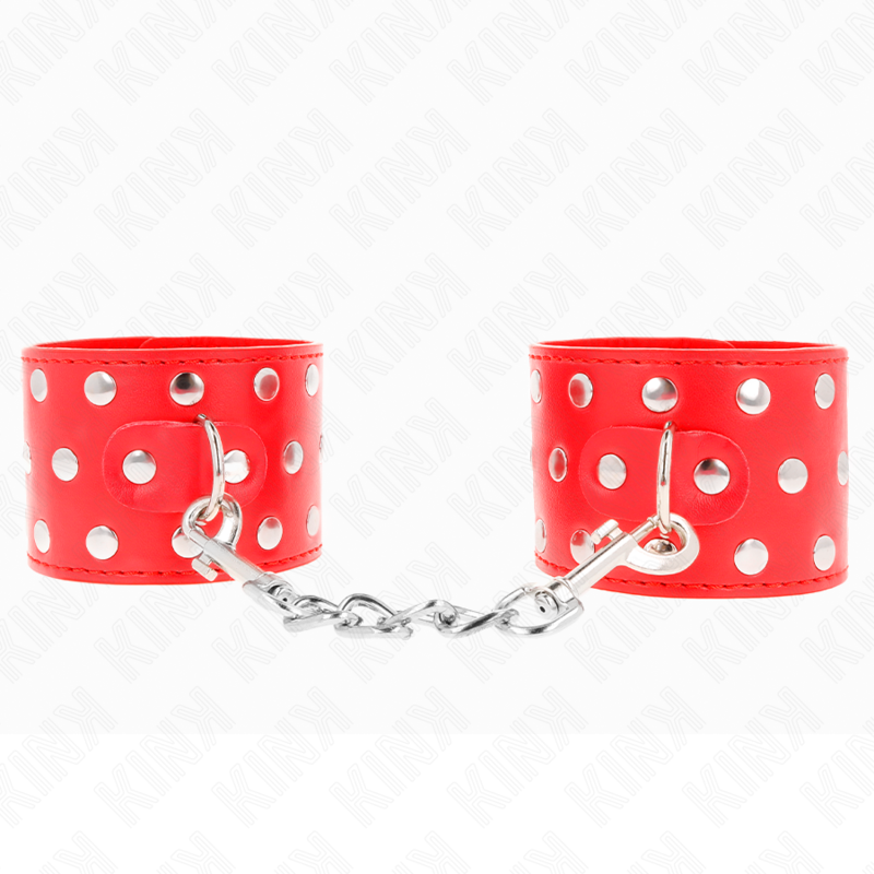 KINK - APPAREILS DE RETENUE POIGNETS AVEC FERMETURE PRESSION PLEINE DE RIVETS ROUGE AJUSTABLE 19-24 CM X 5,5 CM - Sensualia