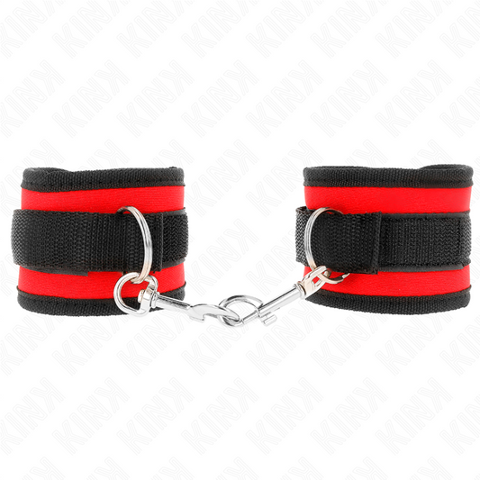 KINK - APPAREILS-POIGNETS À CROCHET ET BOUCLE EN NYLON ROUGE-NOIR MODÈLE 2 RÉGLABLE 18-35 CM X 6 CM - Sensualia