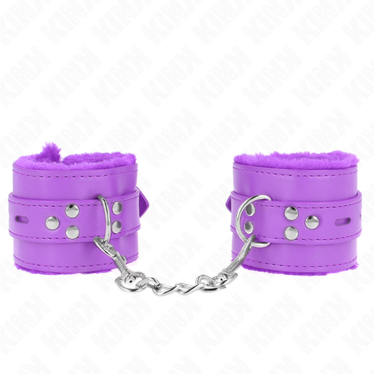 KINK - APPUI-POIGNETS DOUBLÉS DE FOURRURE AVEC TROUS CARRÉS VIOLET ET CEINTURE VIOLET RÉGLABLE 17-29 CM X 6 CM - Sensualia