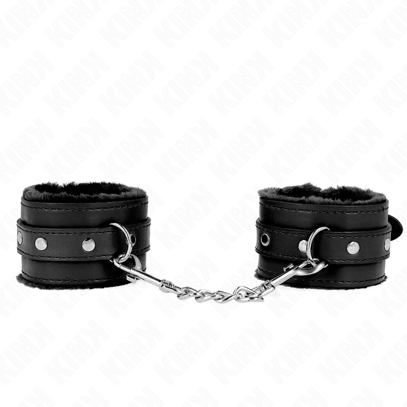 KINK - APPUI-POIGNETS DOUBLÉS DE FOURRURE PREMIUM NOIR AVEC CEINTURE NOIRE RÉGLABLE 17-29 CM X 6 CM - Sensualia