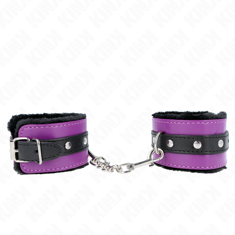 KINK - APPUI-POIGNETS DOUBLÉS DE FOURRURE PREMIUM NOIR AVEC CEINTURE VIOLET / NOIRE RÉGLABLE 17-29 CM X 6 CM - Sensualia