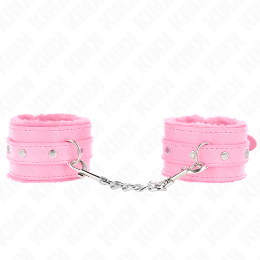 KINK - APPUI-POIGNETS DOUBLÉS DE FOURRURE PREMIUM ROSE AVEC CEINTURE ROSE RÉGLABLE 17-29 CM X 6 CM - Sensualia