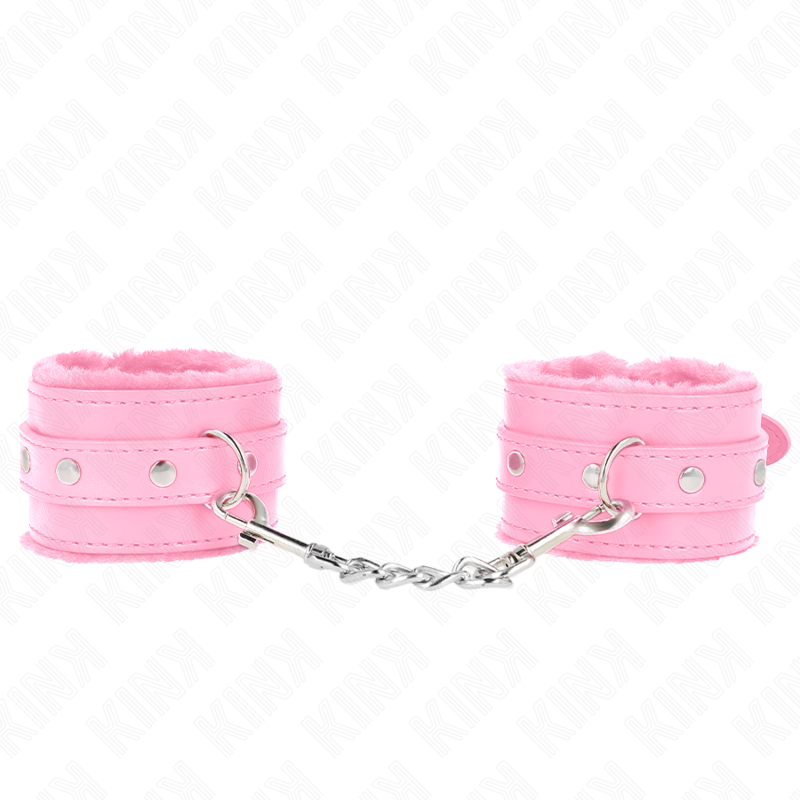 KINK - APPUI-POIGNETS DOUBLÉS DE FOURRURE PREMIUM ROSE AVEC CEINTURE ROSE RÉGLABLE 17-29 CM X 6 CM - Sensualia