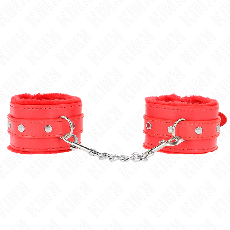 KINK - APPUI-POIGNETS DOUBLÉS DE FOURRURE PREMIUM ROUGE AVEC CEINTURE ROUGE RÉGLABLE 17-29 CM X 6 CM - Sensualia