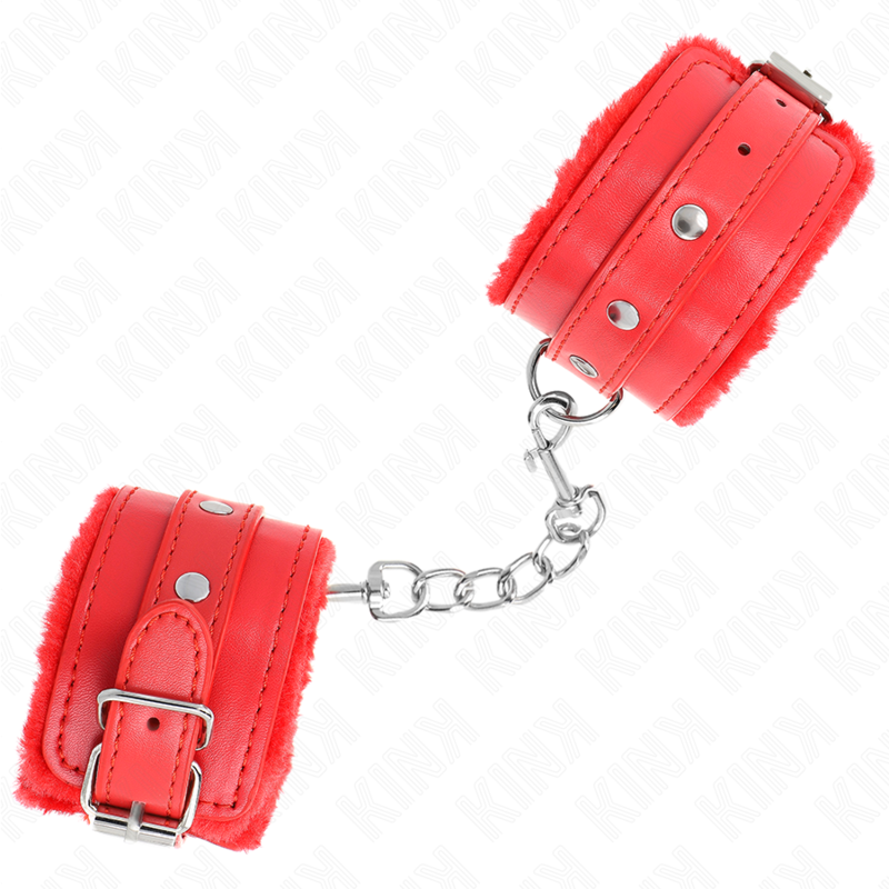 KINK - APPUI-POIGNETS DOUBLÉS DE FOURRURE PREMIUM ROUGE AVEC CEINTURE ROUGE RÉGLABLE 17-29 CM X 6 CM - Sensualia