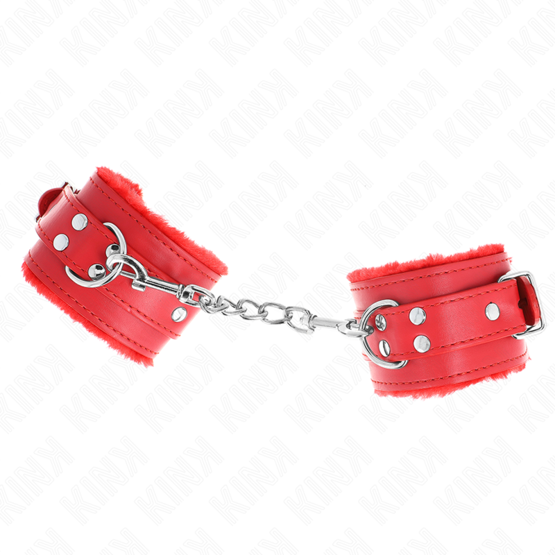 KINK - APPUI-POIGNETS DOUBLÉS DE FOURRURE ROUGE AVEC CEINTURE ROUGE RÉGLABLE 17-29 CM X 6 CM - Sensualia