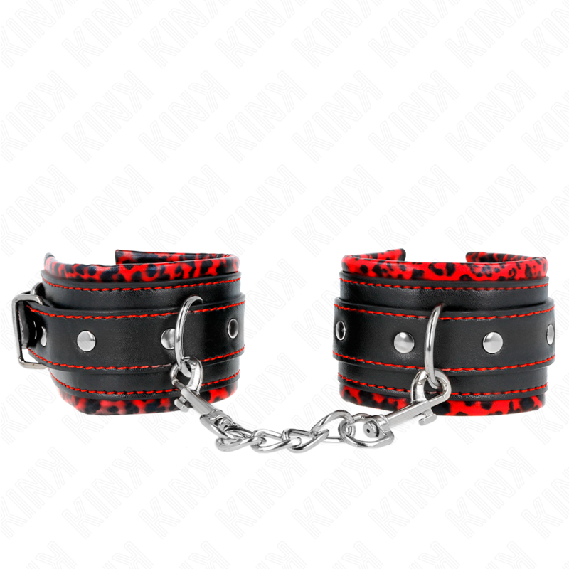 KINK - APPUI-POIGNETS DOUBLÉS DE FOURRURE ROUGE / NOIR RÉGLABLE 17-29 CM X 6 CM - Sensualia